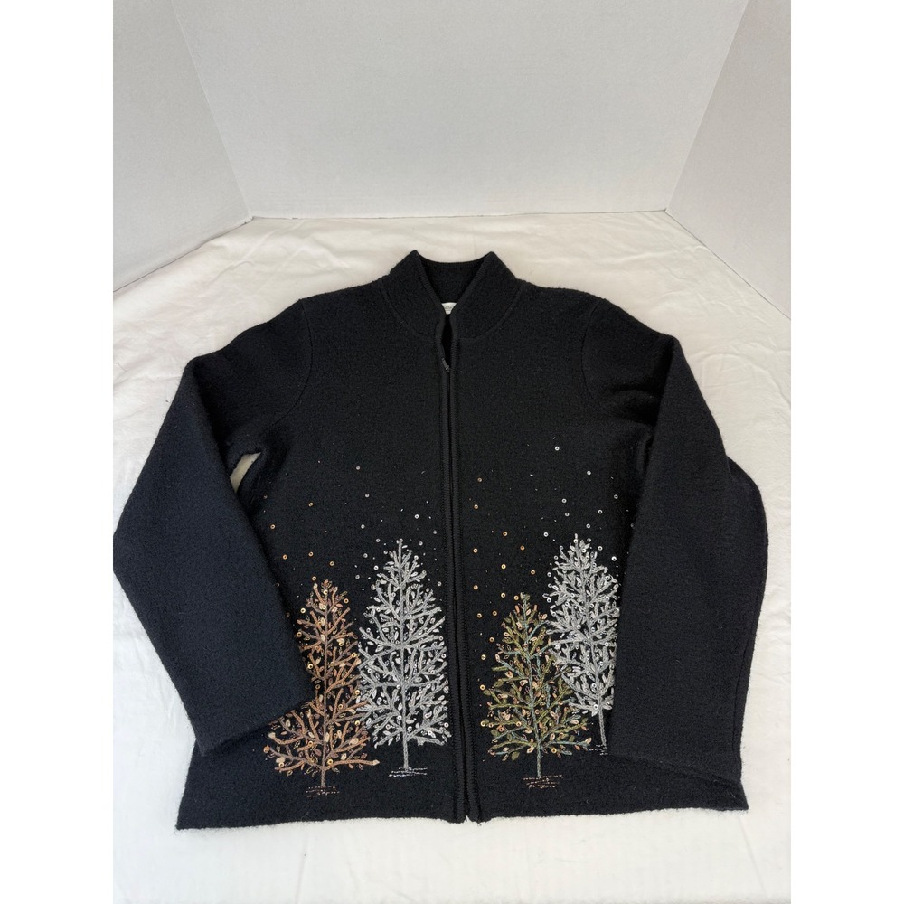 Coldwater Creek Womens Black 100% Wool Embroidered Christmas Tree Jacket Large‎